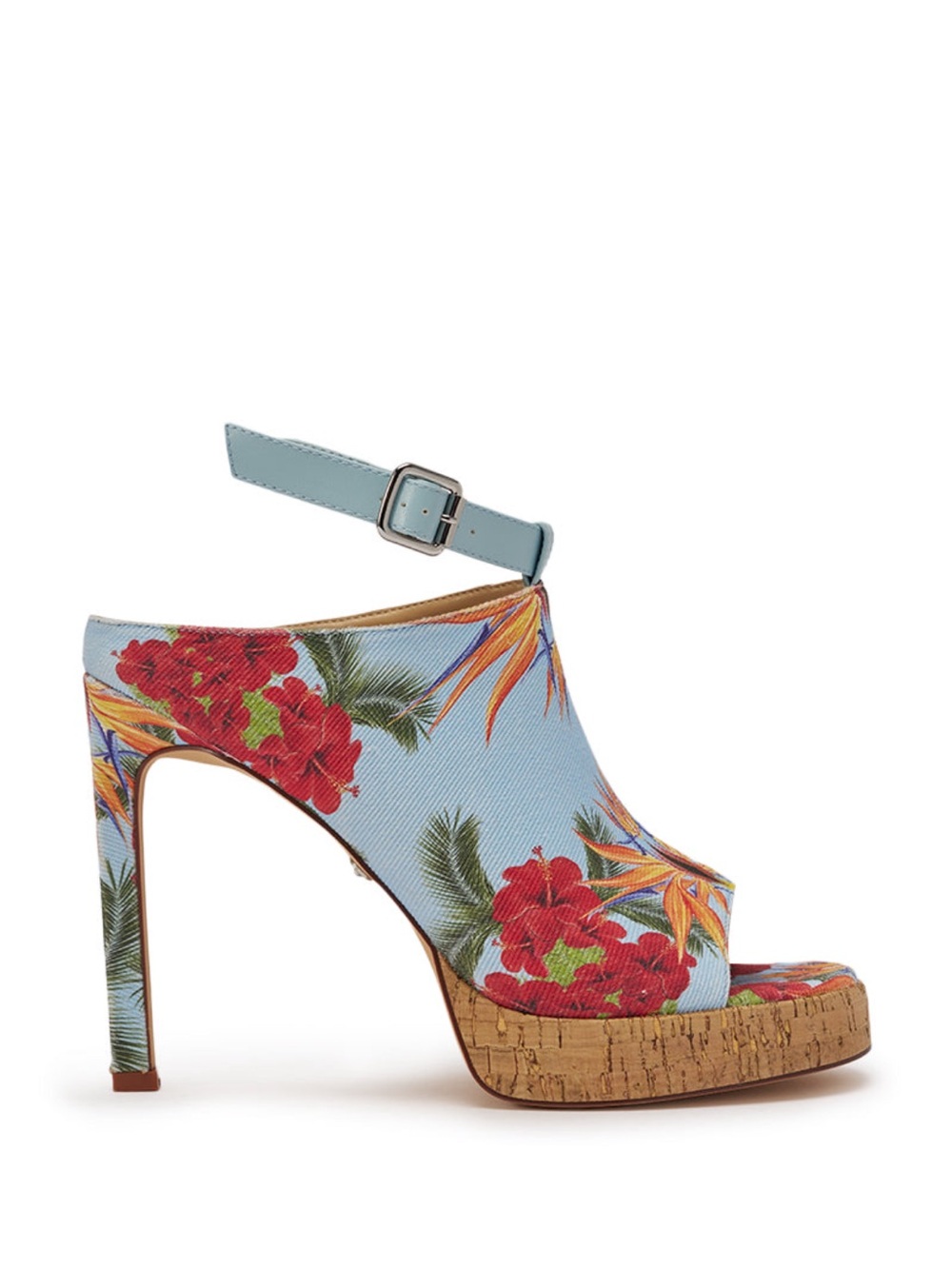 Light Blue Floral Platform Peep-Toe Ankle-Strap Heels